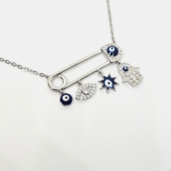 Trendy 925 Sterling Silver Plated Boho Evil Eye Pendant Safety Pin Necklace - Picture 7 of 8